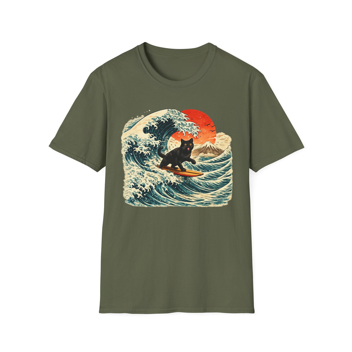 Surfing Black Cat T-Shirt — Vintage Wave Sunset Tee