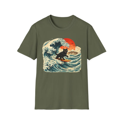 Surfing Black Cat T-Shirt — Vintage Wave Sunset Tee