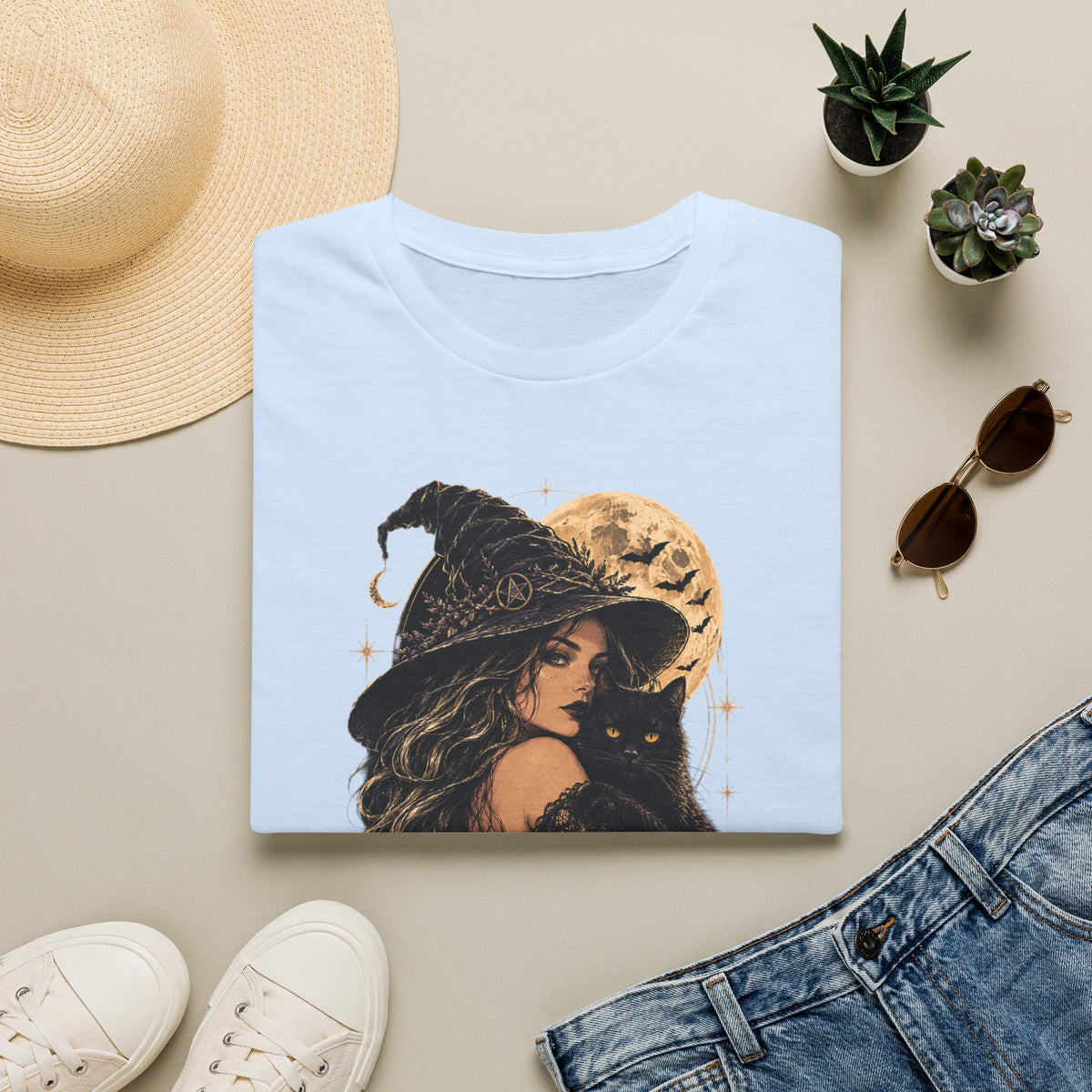 Witch & Black Cat Moon T-Shirt — Mystical Halloween Graphic Tee
