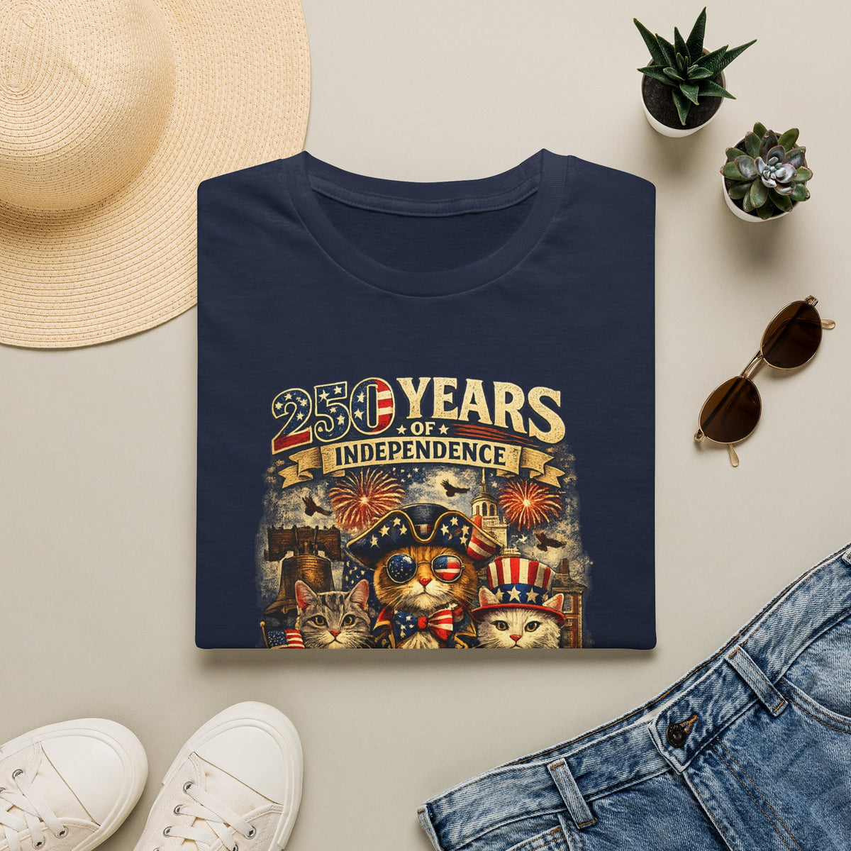 T-Shirt — "250 Years of Independence" Patriotic Cat Fourth of July Tee