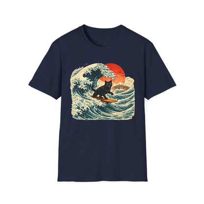 Surfing Black Cat T-Shirt — Vintage Wave Sunset Tee