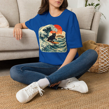 Surfing Black Cat T-Shirt — Vintage Wave Sunset Tee