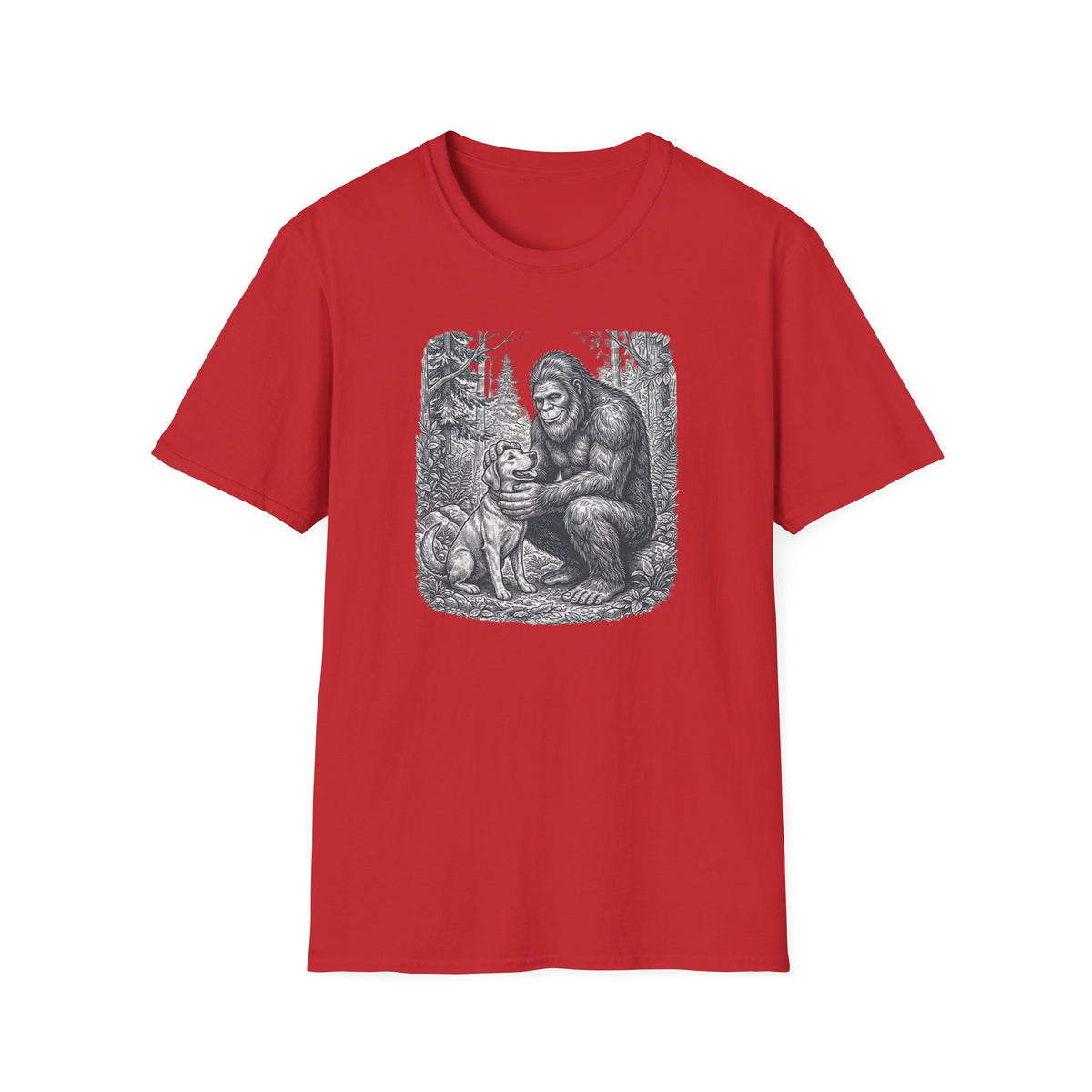 Bigfoot & Dog Graphic T-Shirt — Retro Wilderness Sasquatch Design