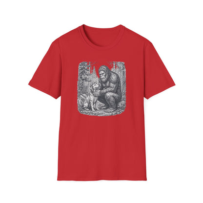 Bigfoot & Dog Graphic T-Shirt — Retro Wilderness Sasquatch Design