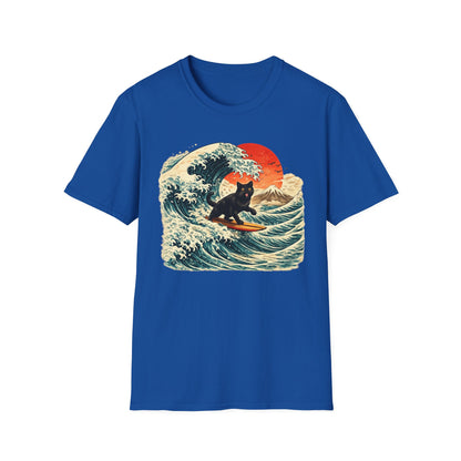 Surfing Black Cat T-Shirt — Vintage Wave Sunset Tee