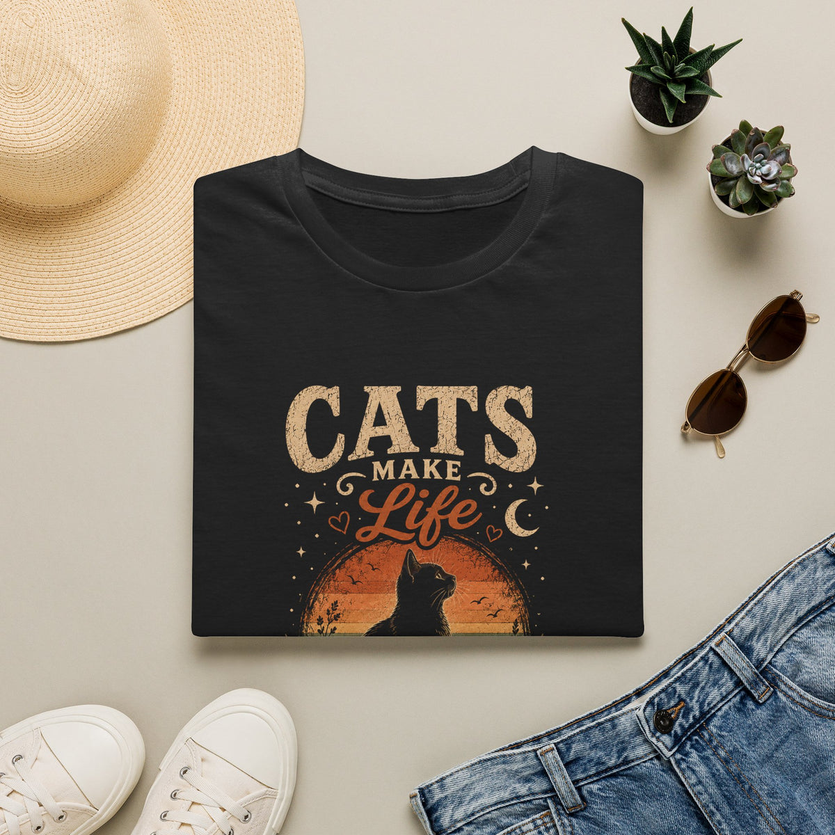 Cats Make Life Better T-Shirt — Vintage Sunset Cat Lover Tee