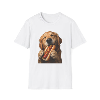 Golden Retriever Hot Dog T-Shirt — Cute Dog Eating Hotdog Graphic Tee
