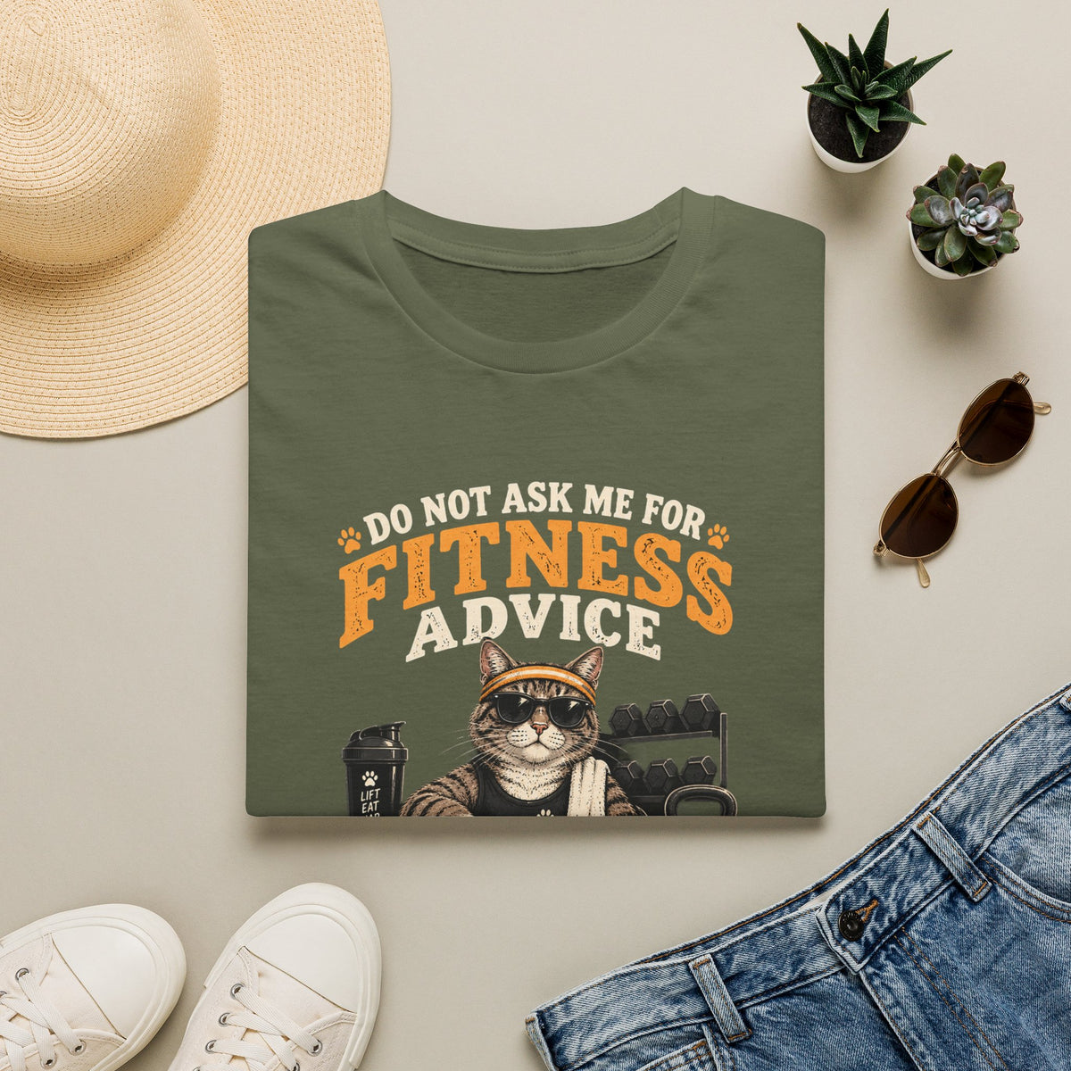 Fitness Advice Cat T-Shirt — "Do Not Ask Me for Fitness Advice" Funny Workout Tee