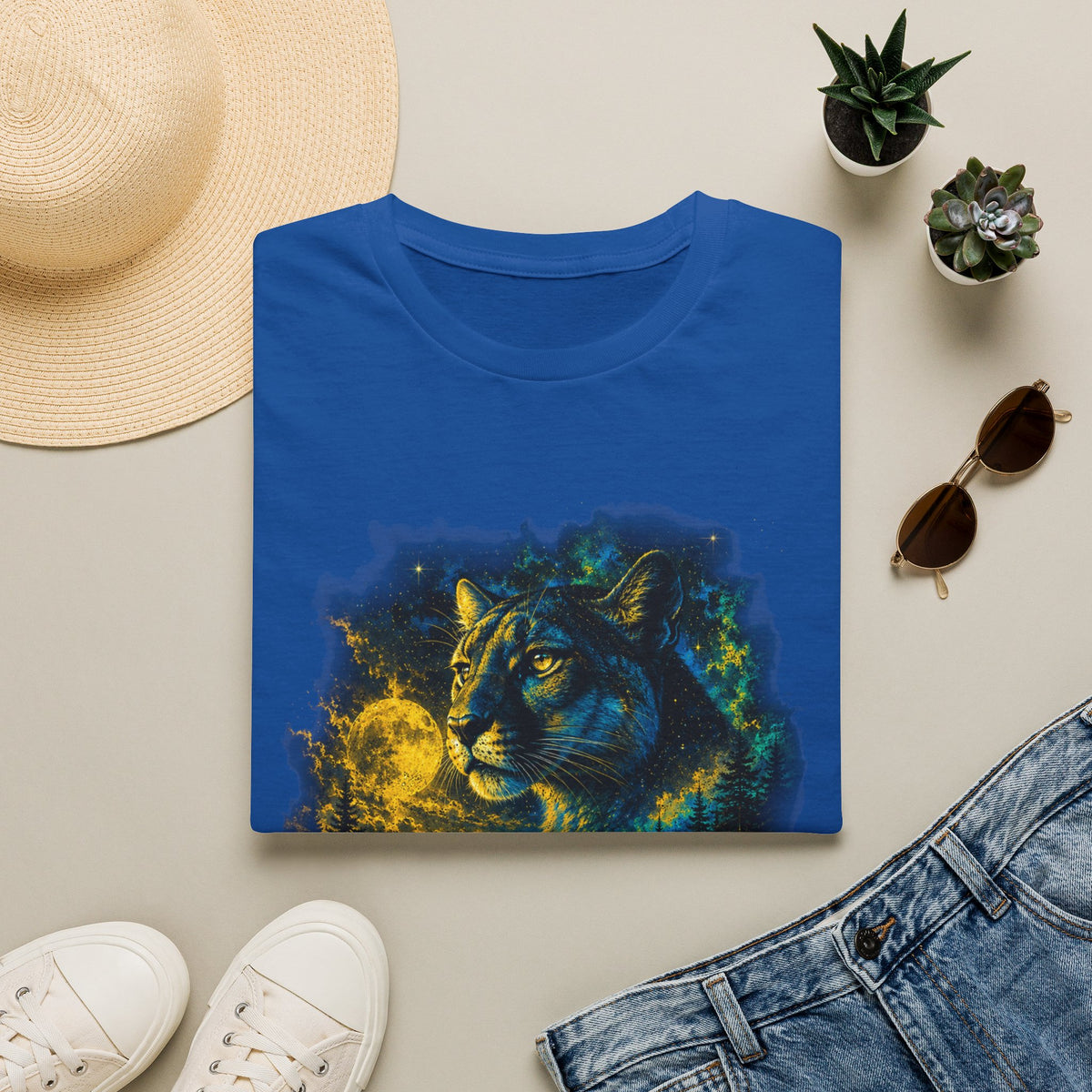Moon T-Shirt — Neon Cosmic Big Cat Graphic Tee