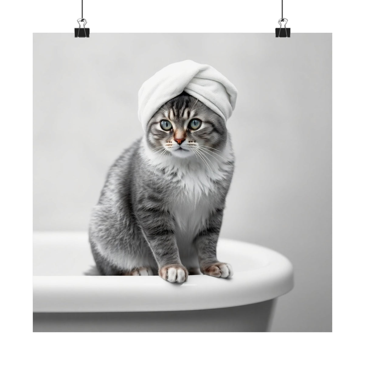 Digital download Cat Spa Poster — Cute Grey Cat with Towel on Bathtub Matte Vertical Art Print