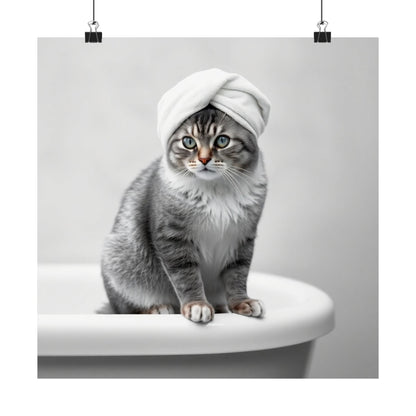 Digital download Cat Spa Poster — Cute Grey Cat with Towel on Bathtub Matte Vertical Art Print