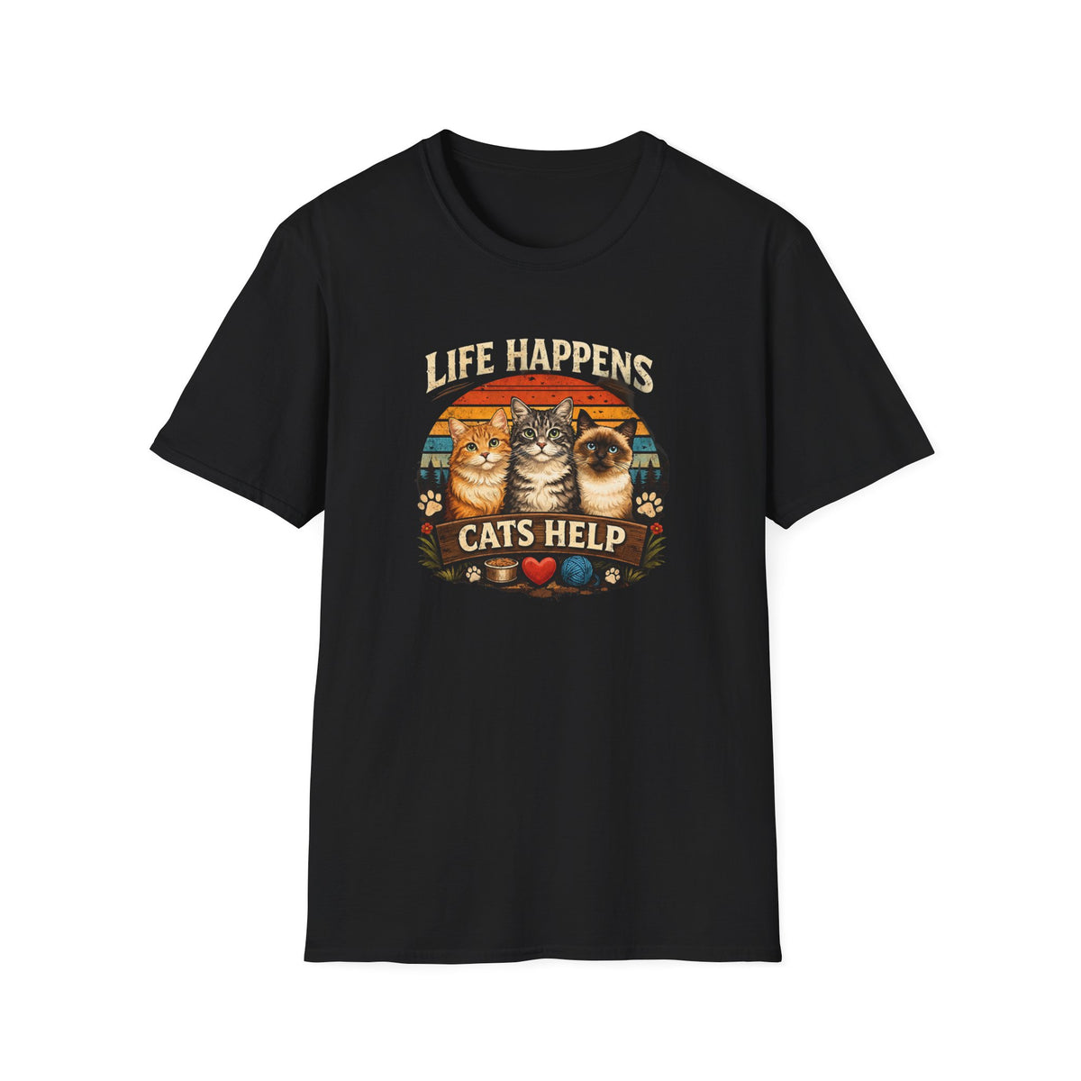 Life Happens Cats Help T-Shirt — Vintage Cat Lover Tee