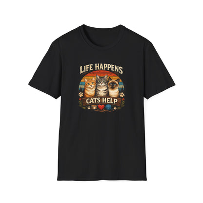 Life Happens Cats Help T-Shirt — Vintage Cat Lover Tee