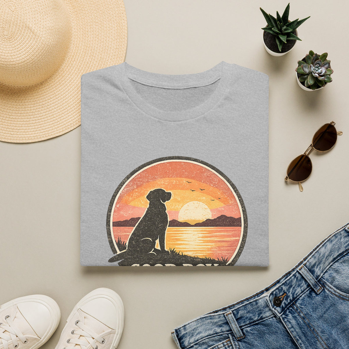 Dog Sunset T-Shirt — "Good Boy" Retro Beach Graphic Tee