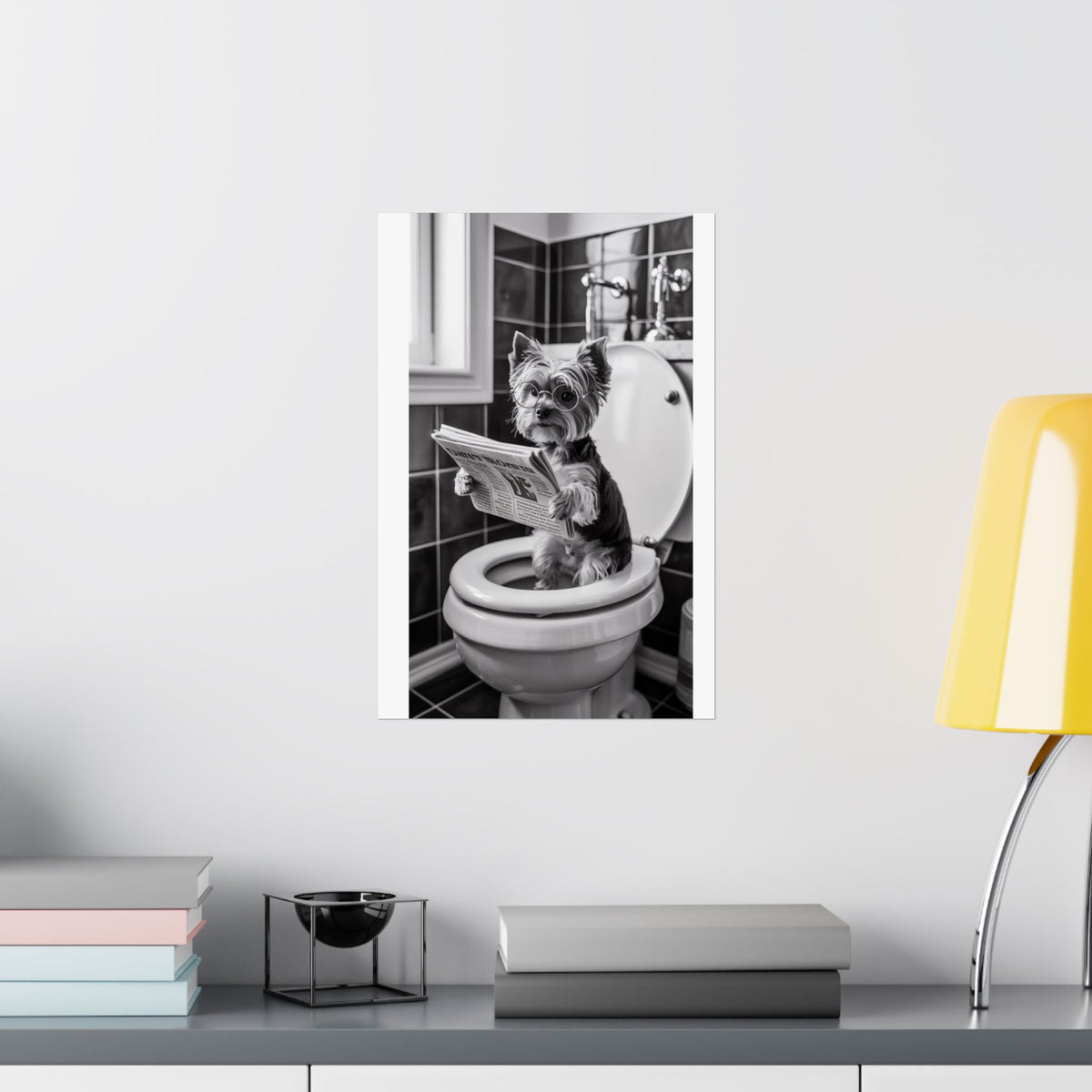 Digital download Funny Yorkie Bathroom Poster — Black & White Matte Vertical Dog Wall Art
