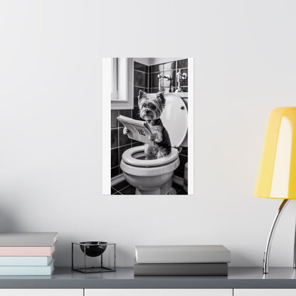 Digital download Funny Yorkie Bathroom Poster — Black & White Matte Vertical Dog Wall Art