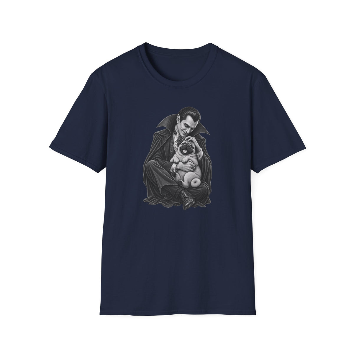 Vampire Holding Pug T‑Shirt — Gothic Cute Dog Tee