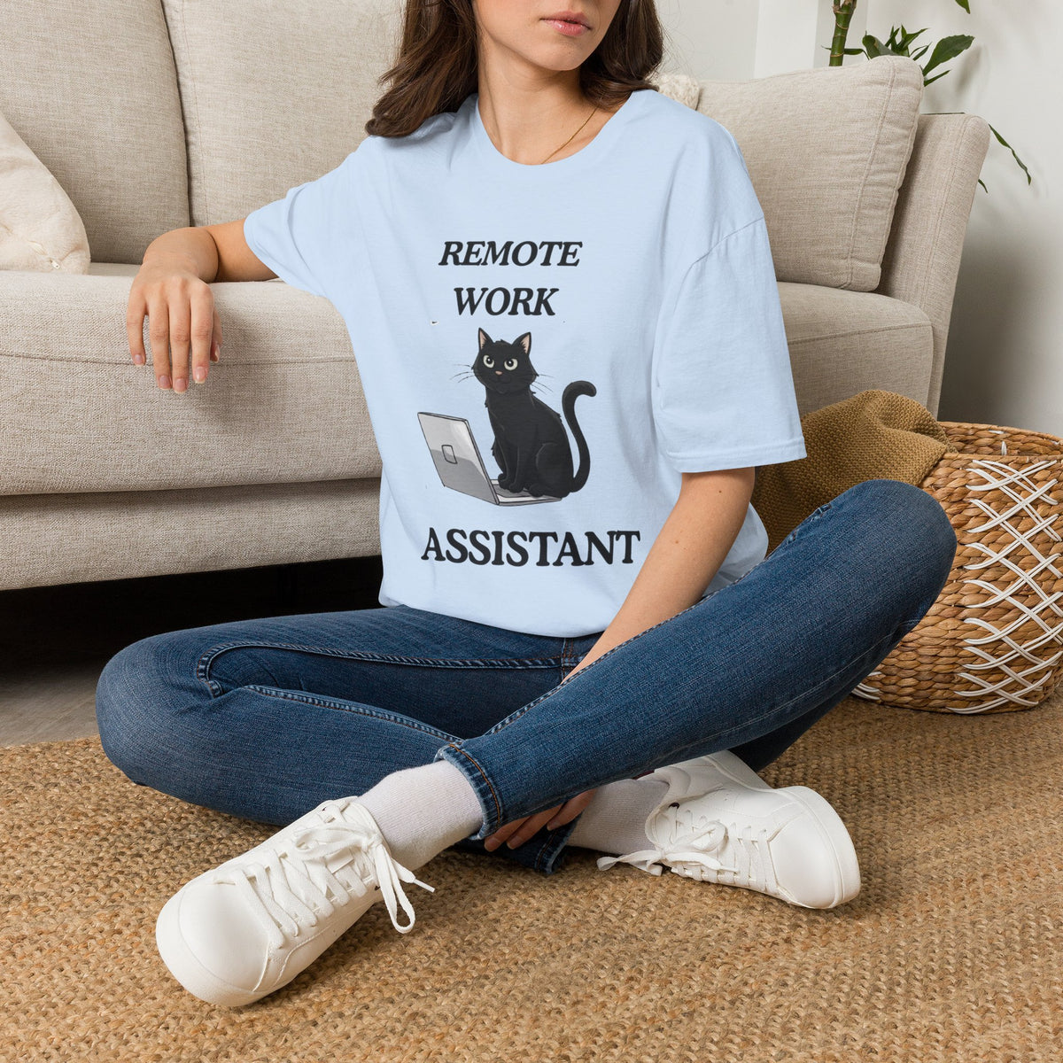 Remote Work Assistant T-Shirt — Cute Black Cat Laptop Tee for WFH