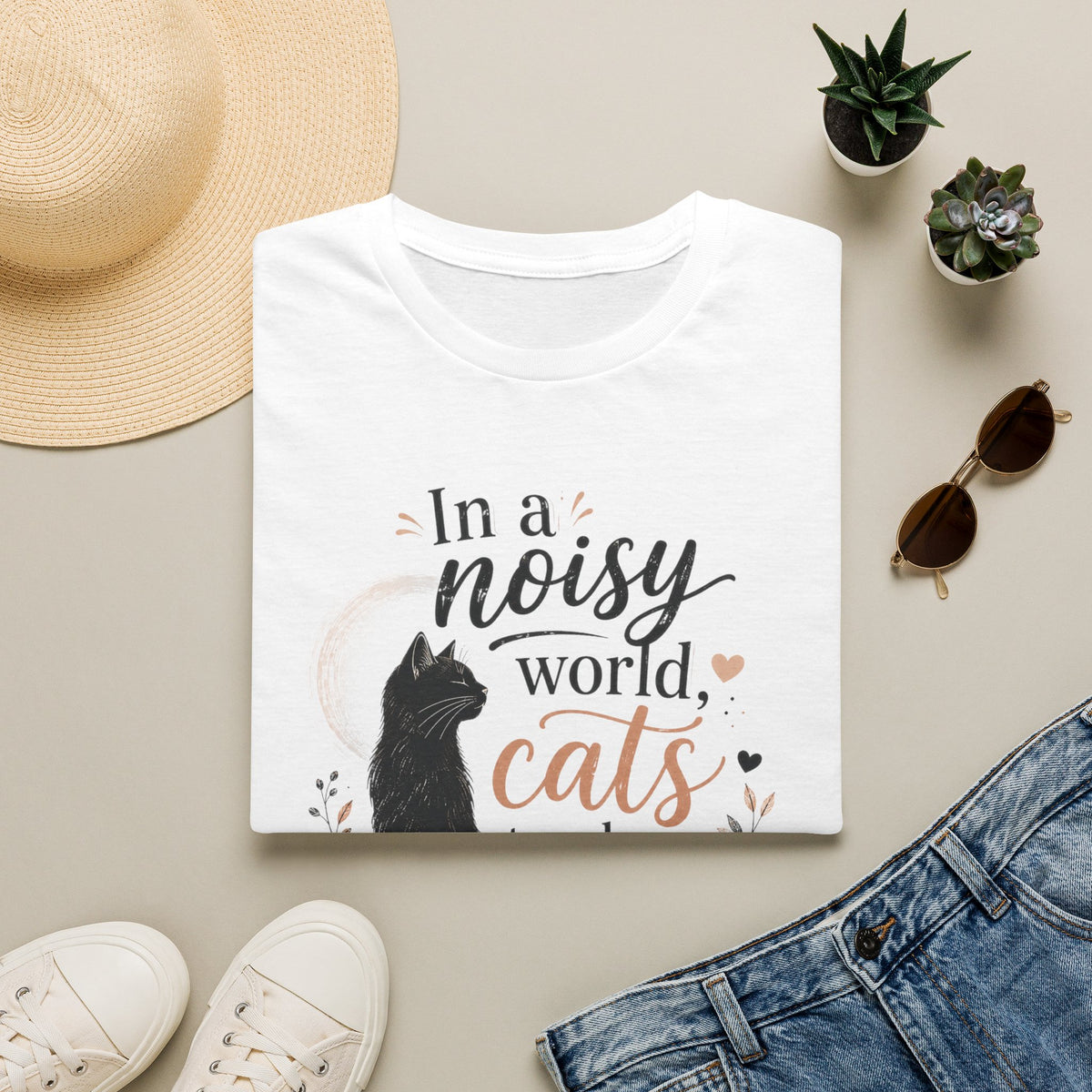 Cat Lover T‑Shirt — "In a Noisy World, Cats Teach Us Quiet Love"