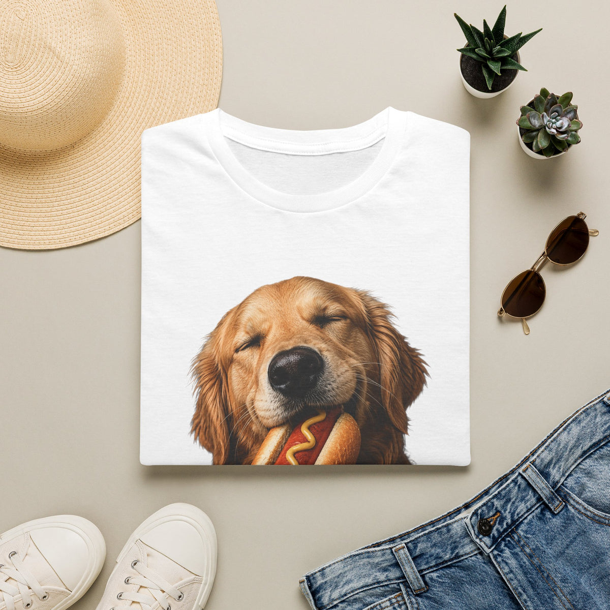 Golden Retriever Hot Dog T-Shirt — Cute Dog Eating Hotdog Graphic Tee
