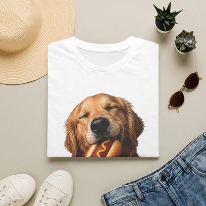 Golden Retriever Hot Dog T-Shirt — Cute Dog Eating Hotdog Graphic Tee
