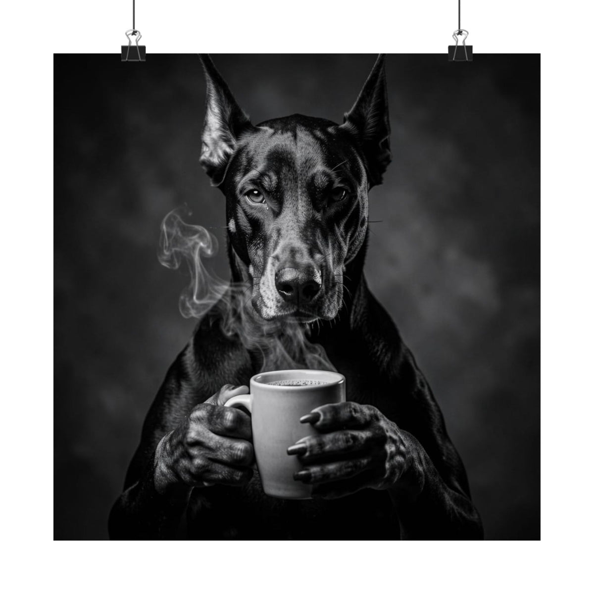 Doberman Coffee Poster — Black & White Matte Dog Art Print