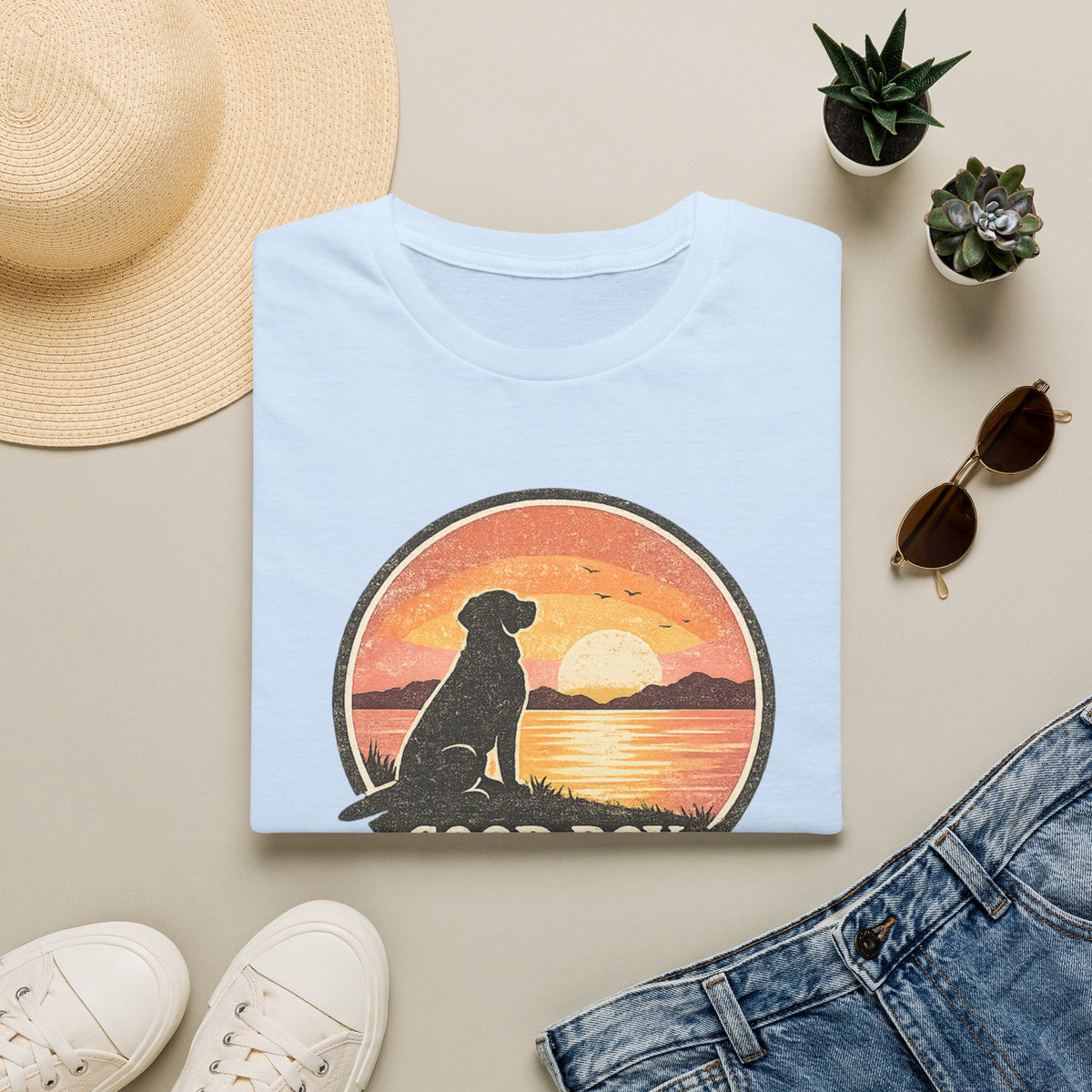 Dog Sunset T-Shirt — "Good Boy" Retro Beach Graphic Tee