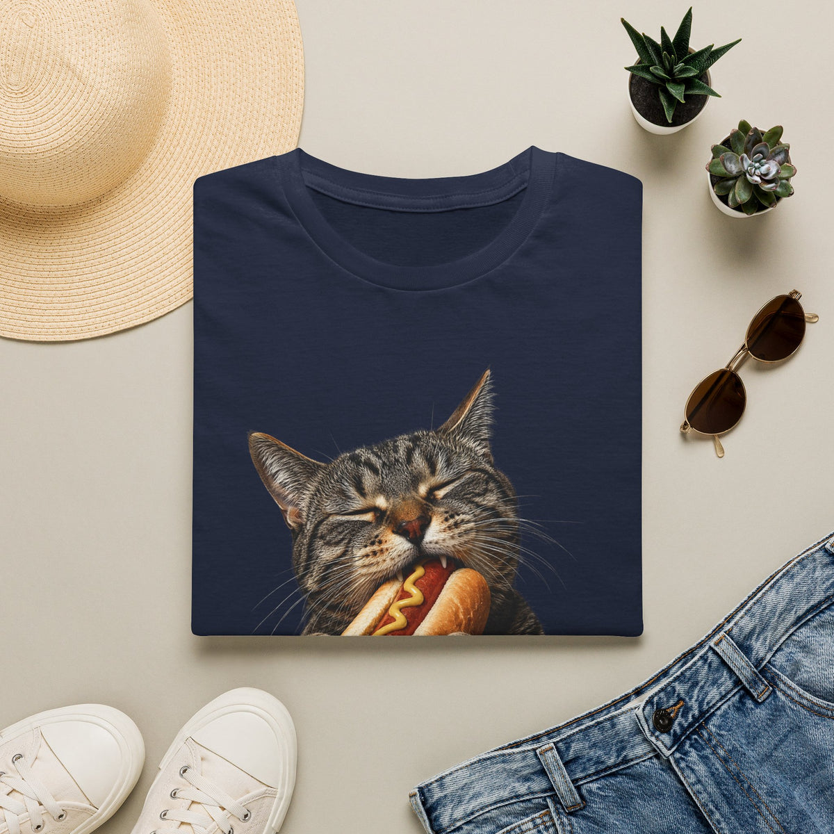 Cat Eating Hot Dog T-Shirt — Funny Cute Cat Graphic Tee
