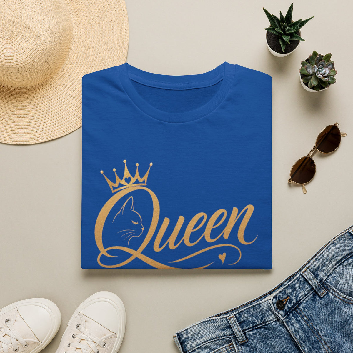 Queen cat lover T‑Shirt — Gold Crown Feminine Graphic Tee