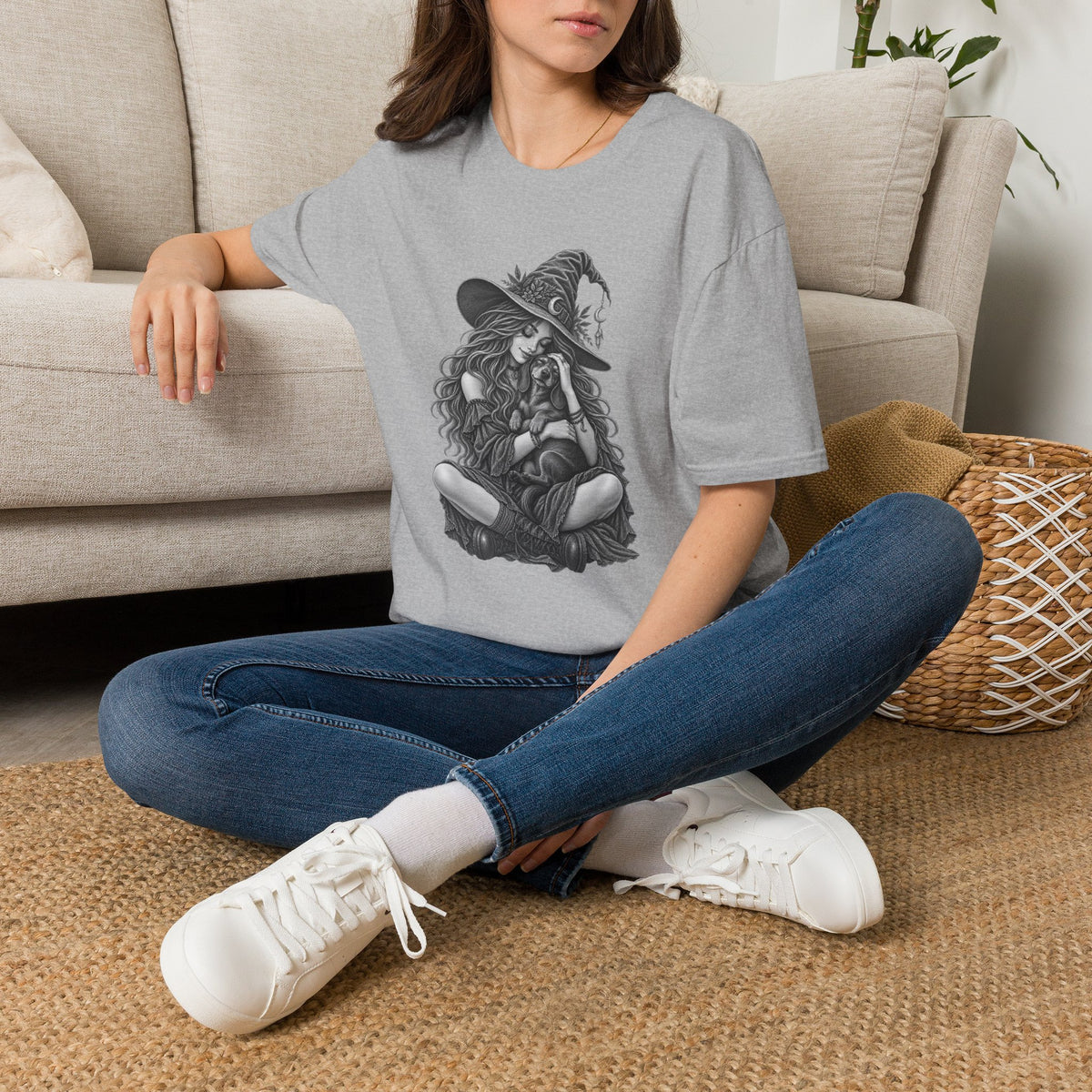 Witch Girl petting a dog Graphic T-Shirt — Witch Illustration Tee