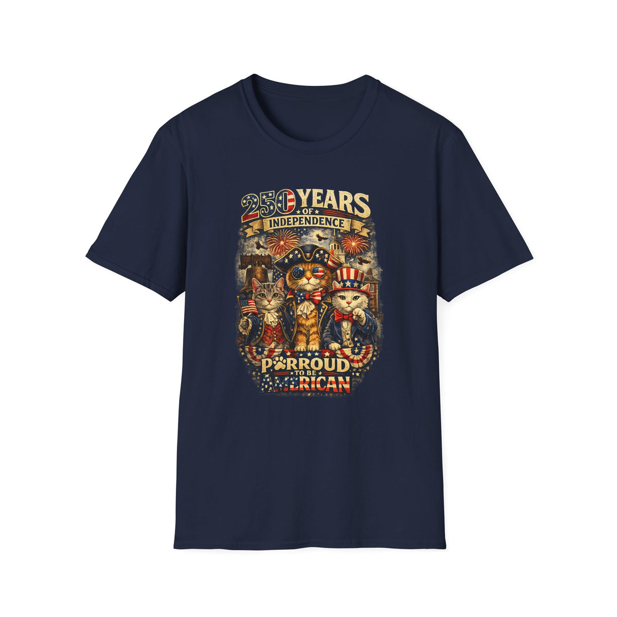 T-Shirt — "250 Years of Independence" Patriotic Cat Fourth of July Tee