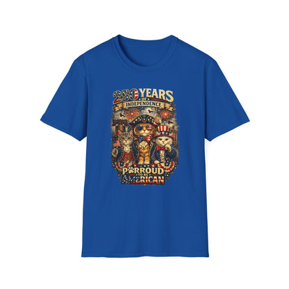 T-Shirt — "250 Years of Independence" Patriotic Cat Fourth of July Tee