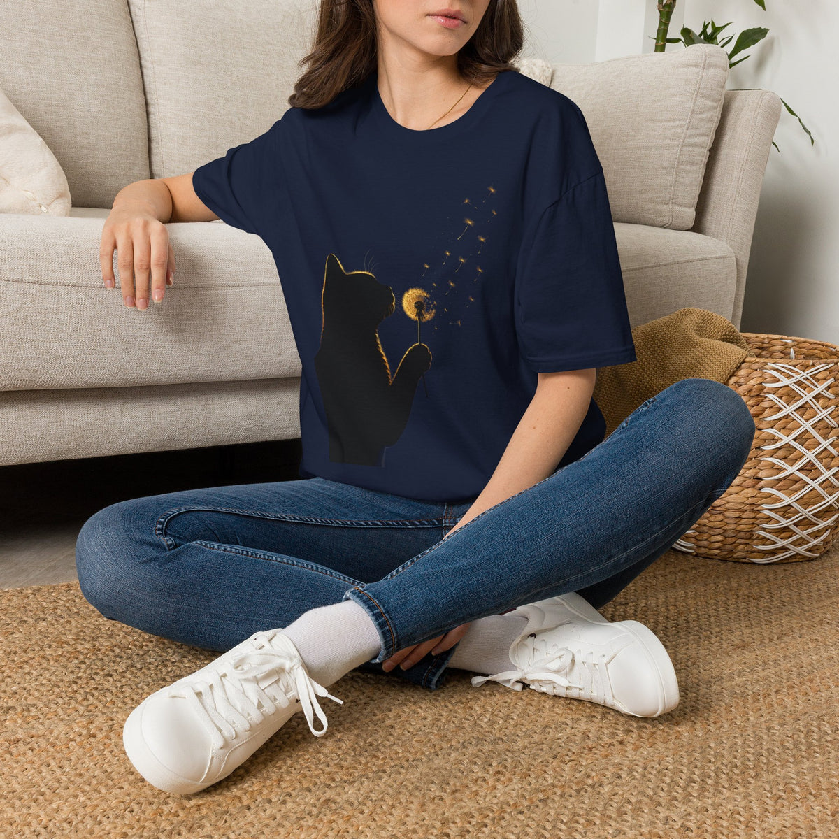 Cat Silhouette Dandelion Tee — Whimsical Night Cat T-Shirt