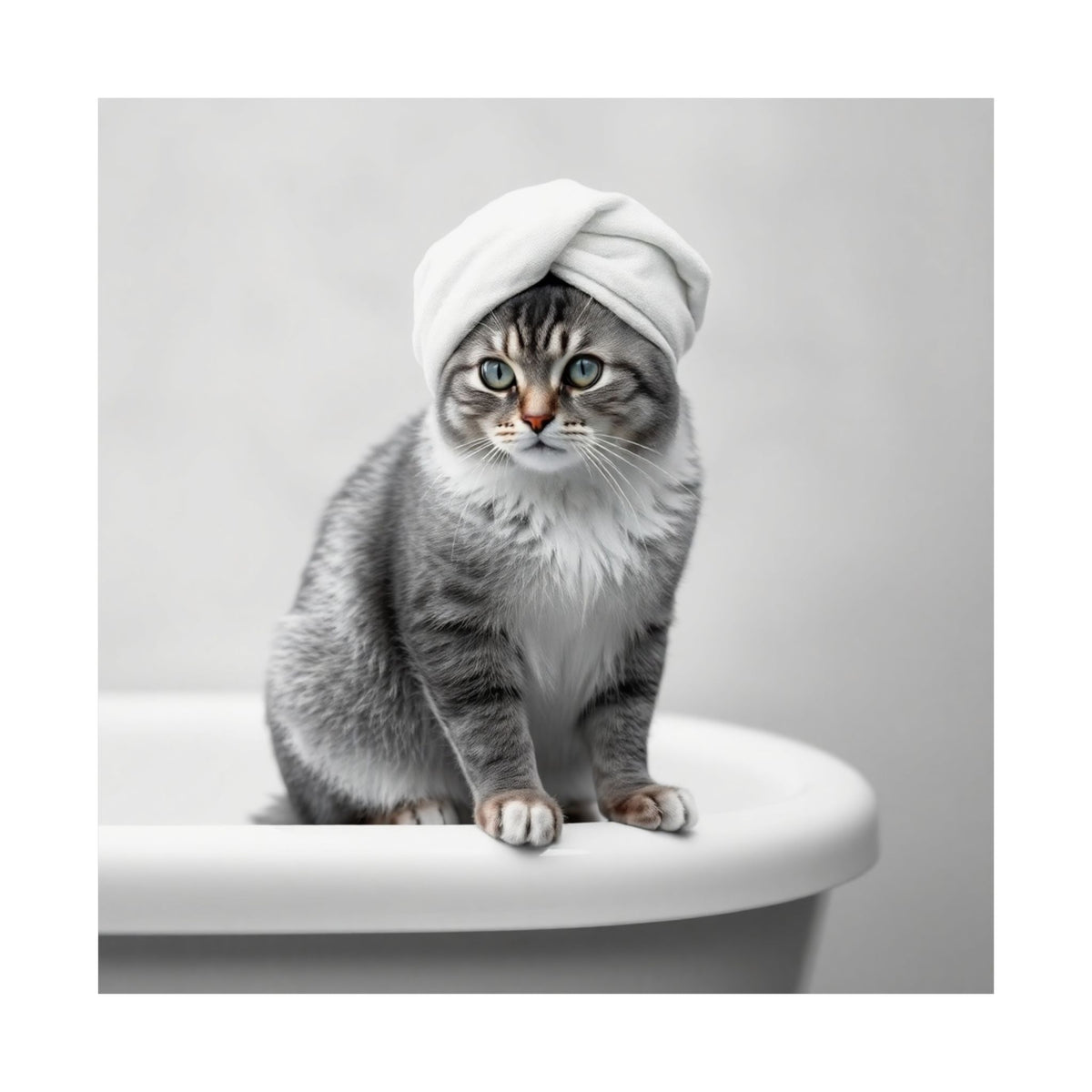 Digital download Cat Spa Poster — Cute Grey Cat with Towel on Bathtub Matte Vertical Art Print