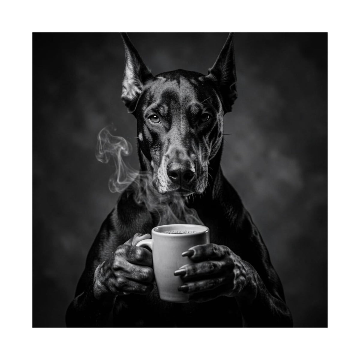Doberman Coffee Poster — Black & White Matte Dog Art Print
