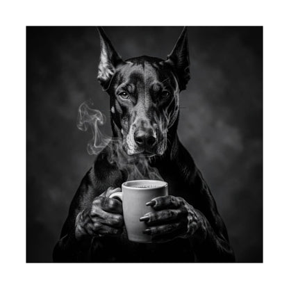 Doberman Coffee Poster — Black & White Matte Dog Art Print