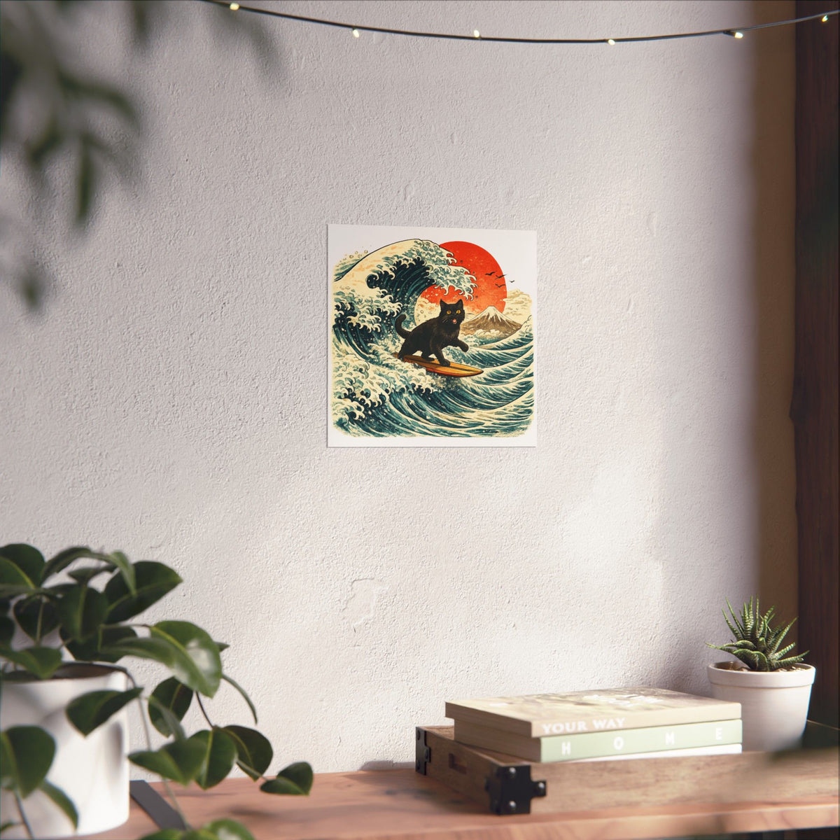 Surfing Black Cat Poster — Vintage Japanese Wave Art Print