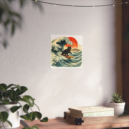Surfing Black Cat Poster — Vintage Japanese Wave Art Print