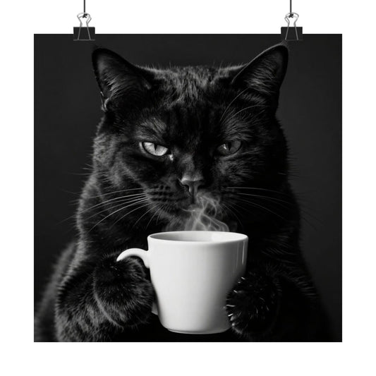 Black Cat with Coffee Matte Poster — Moody Cat Wall Art