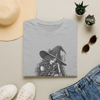 Witch Girl petting a dog Graphic T-Shirt — Witch Illustration Tee