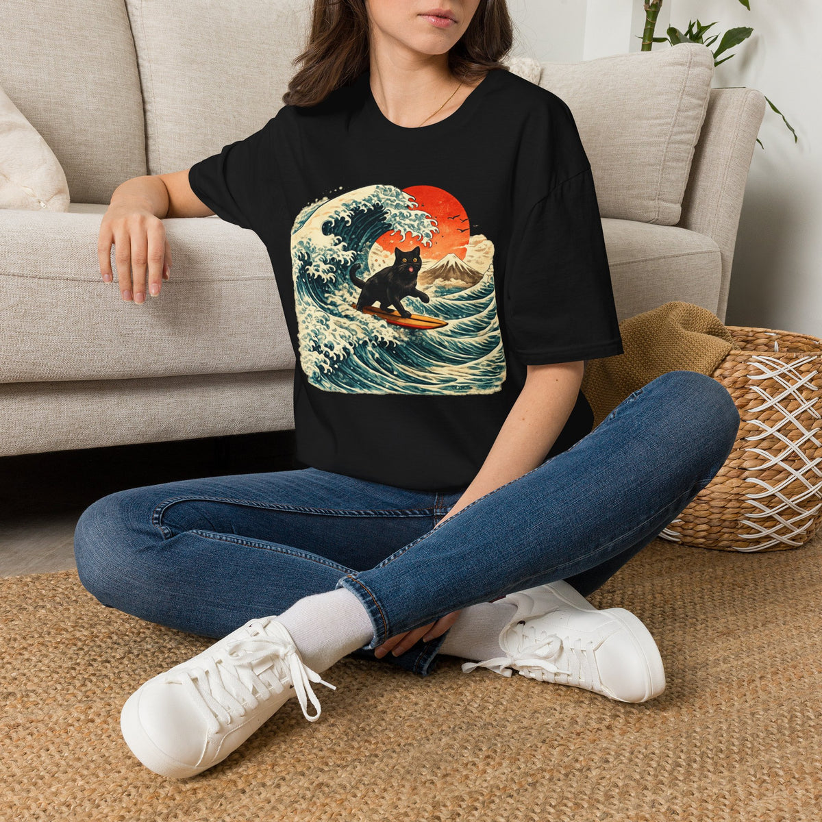 Surfing Black Cat T-Shirt — Vintage Wave Sunset Tee