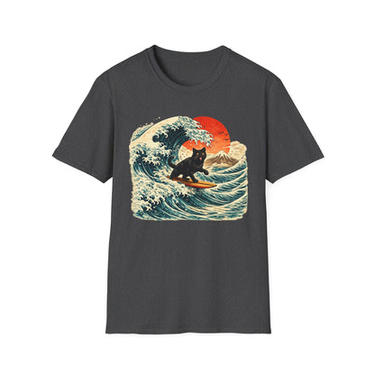 Surfing Black Cat T-Shirt — Vintage Wave Sunset Tee