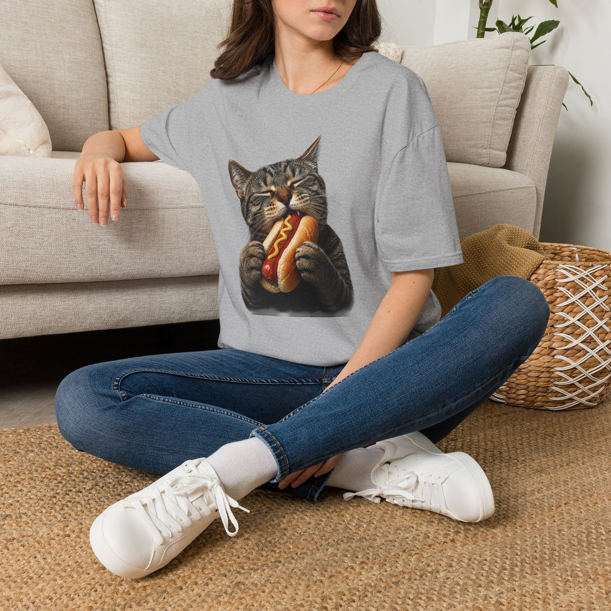 Cat Eating Hot Dog T-Shirt — Funny Cute Cat Graphic Tee