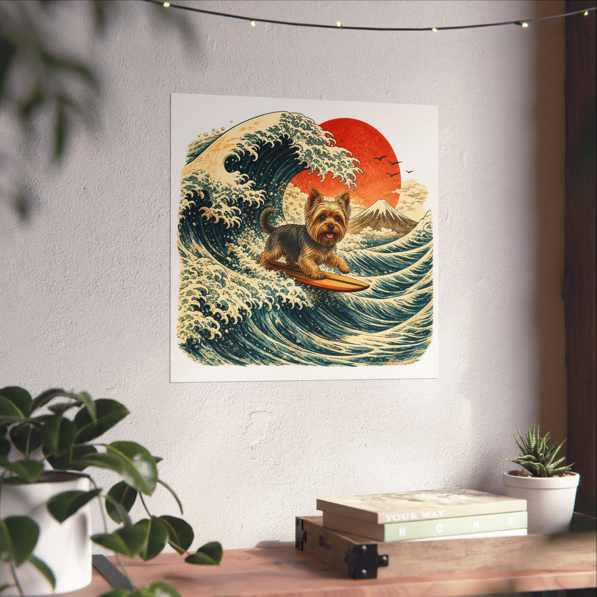 Surfing Yorkie Poster — Vintage Wave Art Matte Vertical Print