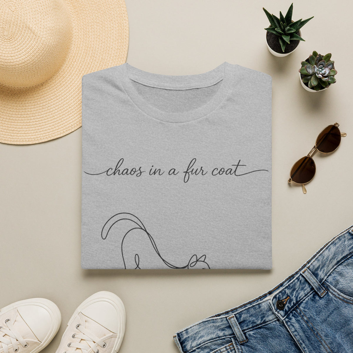Cat Line Art T-Shirt — "chaos in a fur coat" Minimalist Cat Shirt