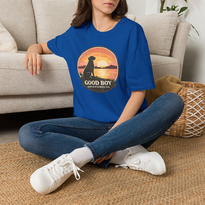 Dog Sunset T-Shirt — "Good Boy" Retro Beach Graphic Tee