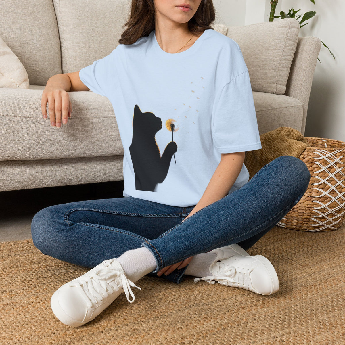 Cat Silhouette Dandelion Tee — Whimsical Night Cat T-Shirt