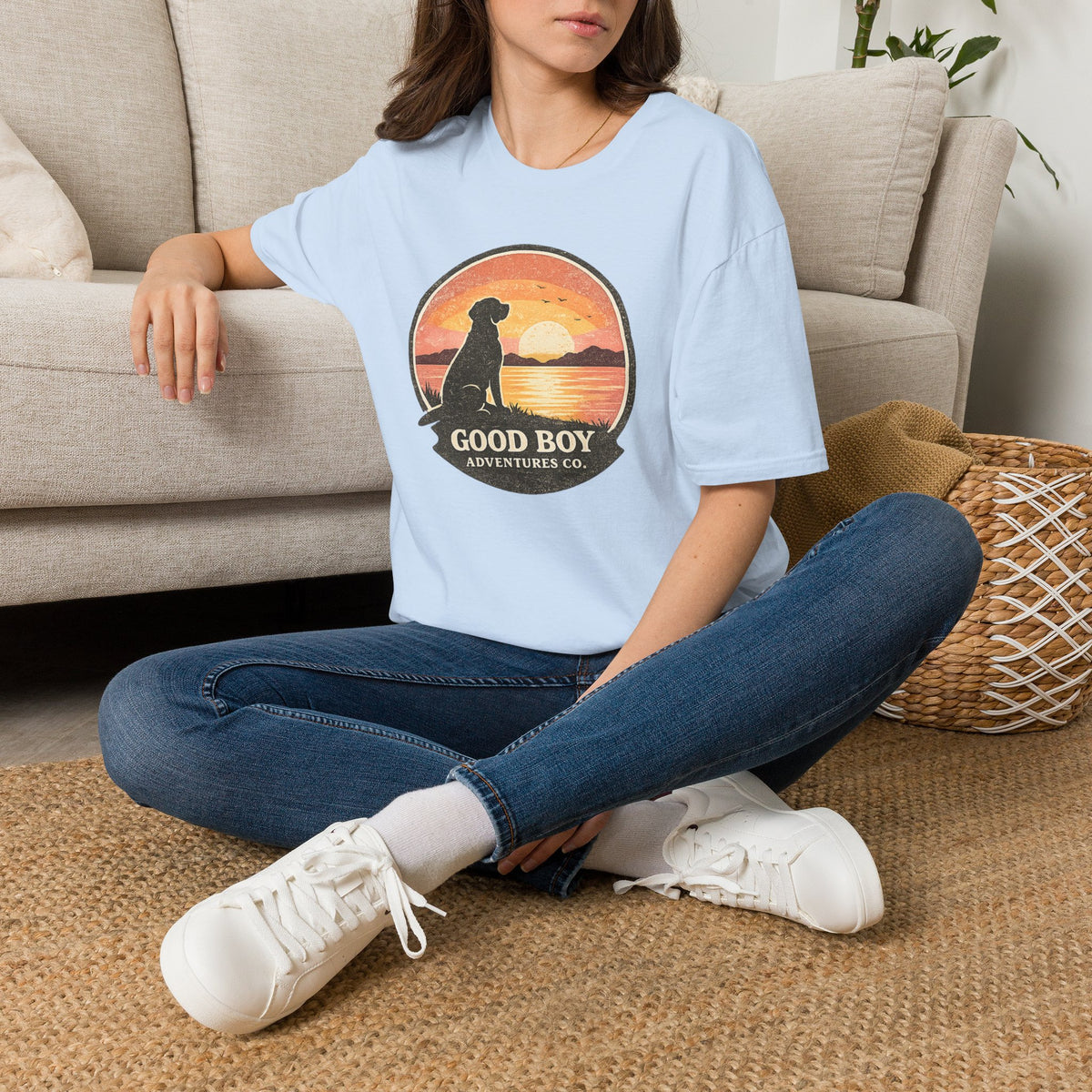 Dog Sunset T-Shirt — "Good Boy" Retro Beach Graphic Tee