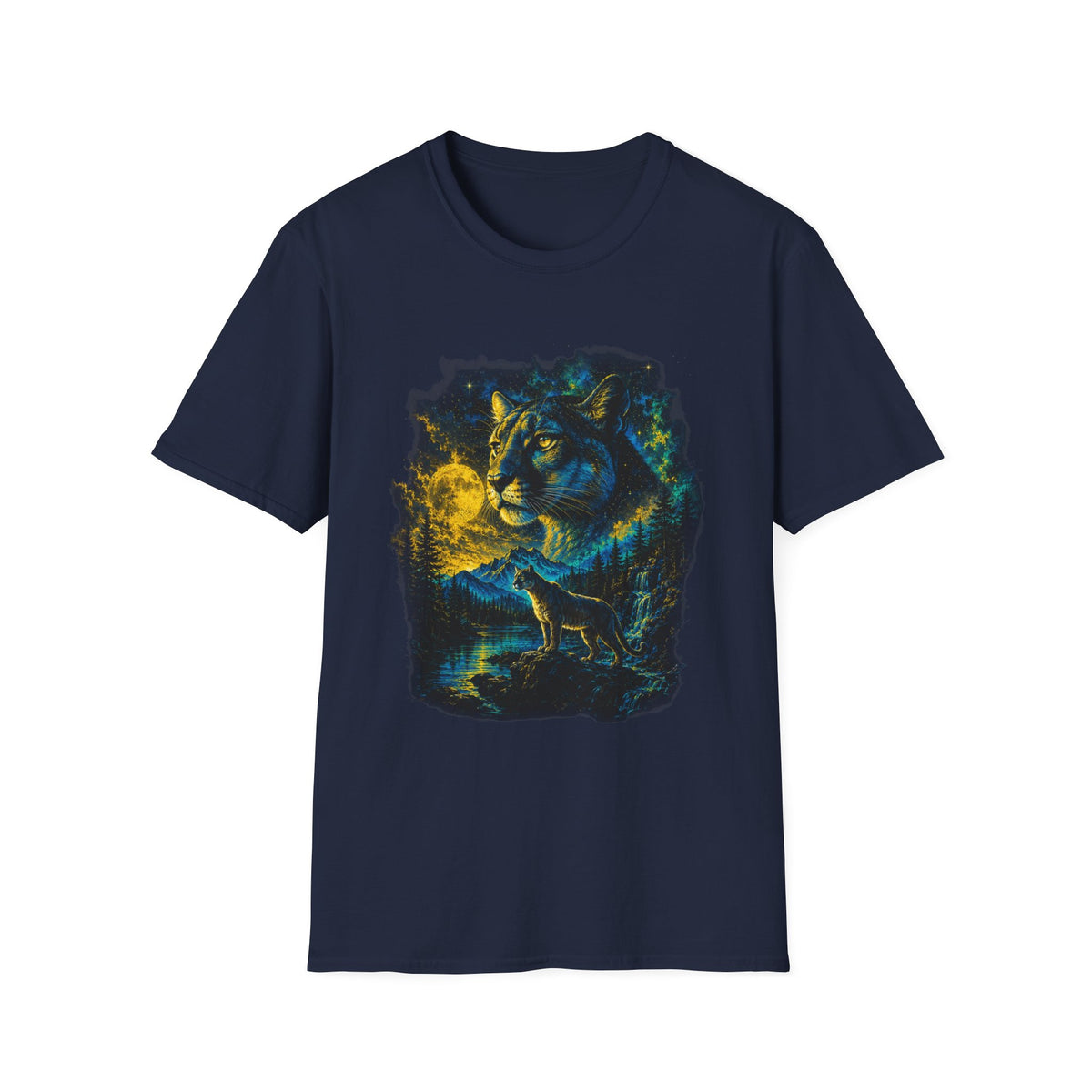 Moon T-Shirt — Neon Cosmic Big Cat Graphic Tee
