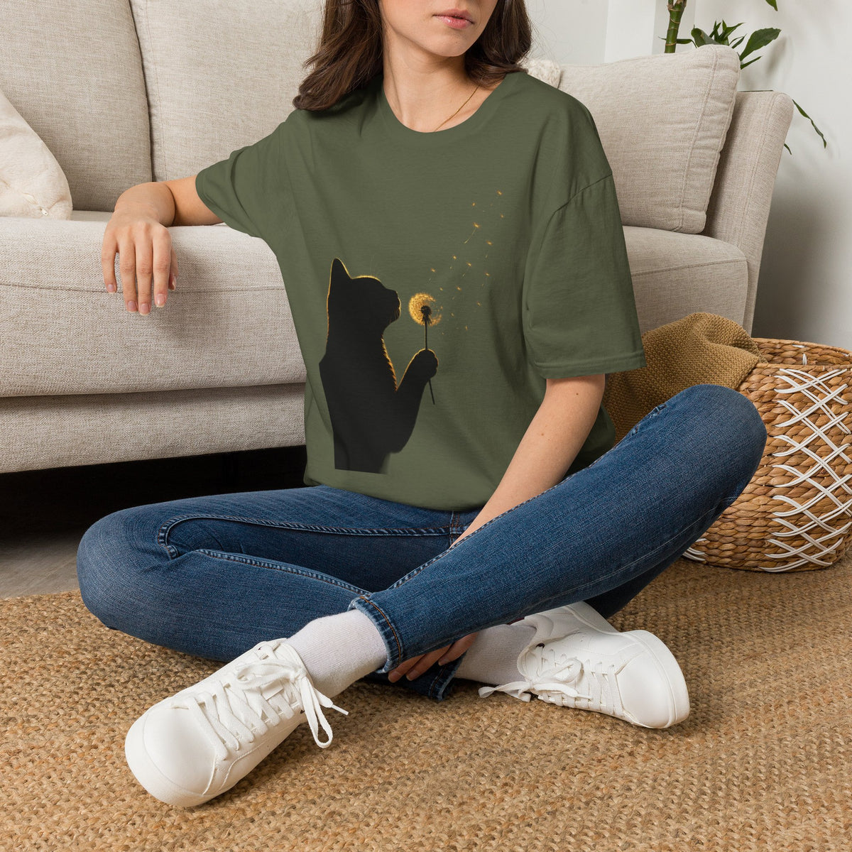 Cat Silhouette Dandelion Tee — Whimsical Night Cat T-Shirt